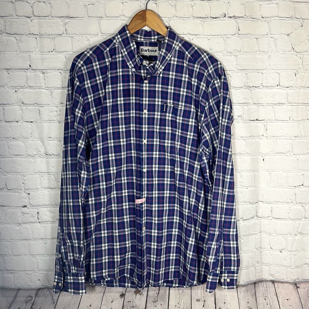 Barbour Tailored Fit Blue Red Gingham Plaid   Button Down shirt L Large AW19/TRB